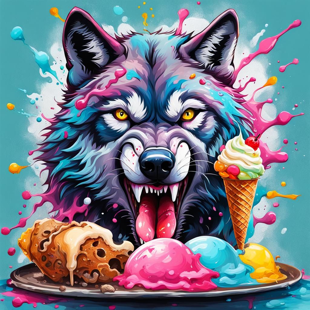 Wolf Enjoys Ice Cream in Graffiti Art Style