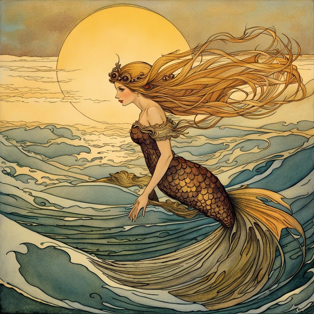 Fairytale Mermaid Swimming at Dawn in Arthur Rackham Style