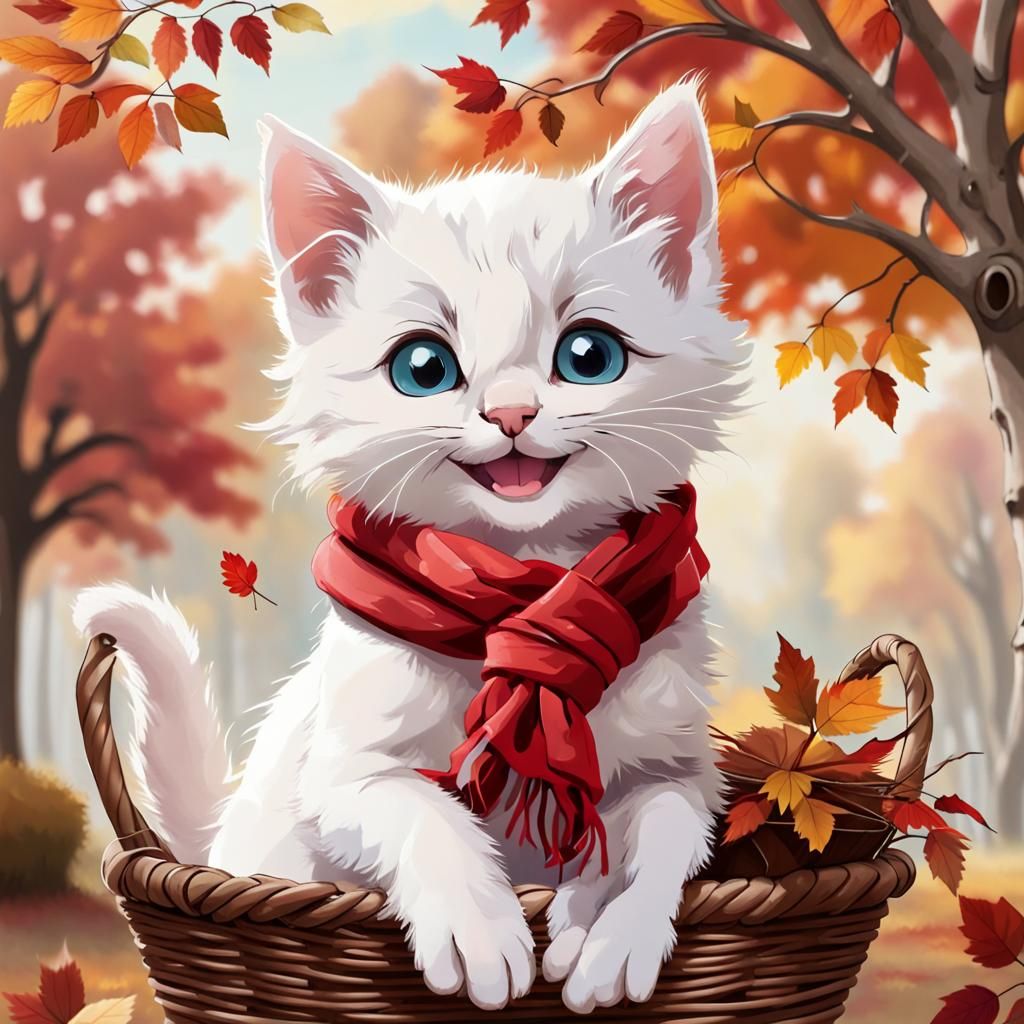 Cute Kitten in Basket with Autumn Tree