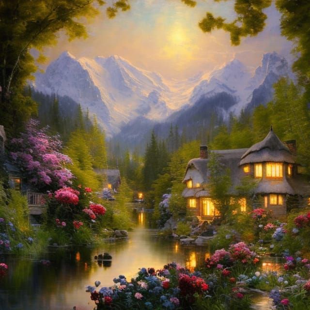 Cozy Cottage Overlooking Reflective Lake as Oil Painting