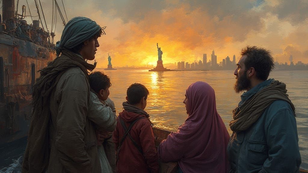 Refugees Gaze at Sunrise Over Statue of Liberty