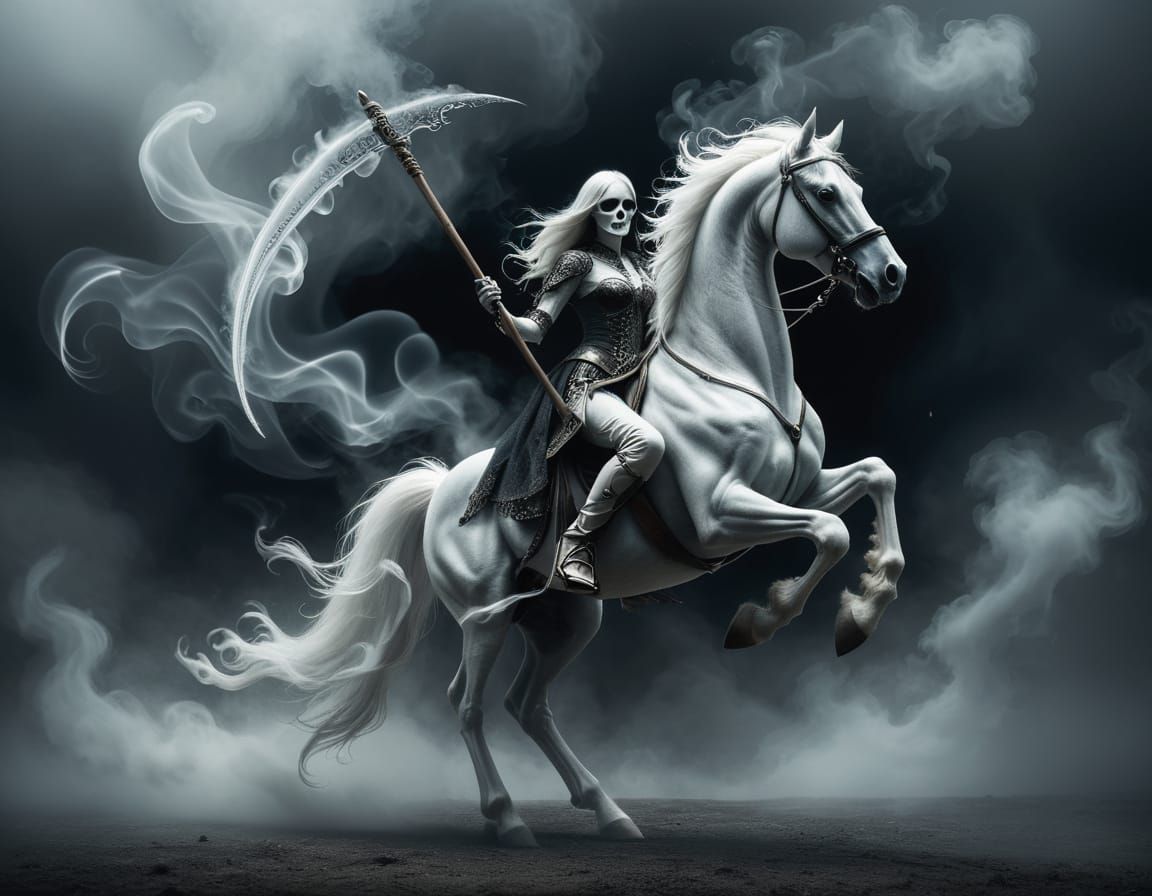 Ghostly Female Figure Riding a Skeletal Horse in a Haunting ...