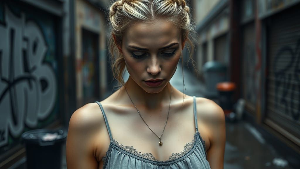 Weary Young Woman with Pale Hair and Haunting Expression