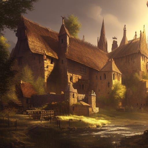 High Gothic Cottagecore Village in Spring Sunlight