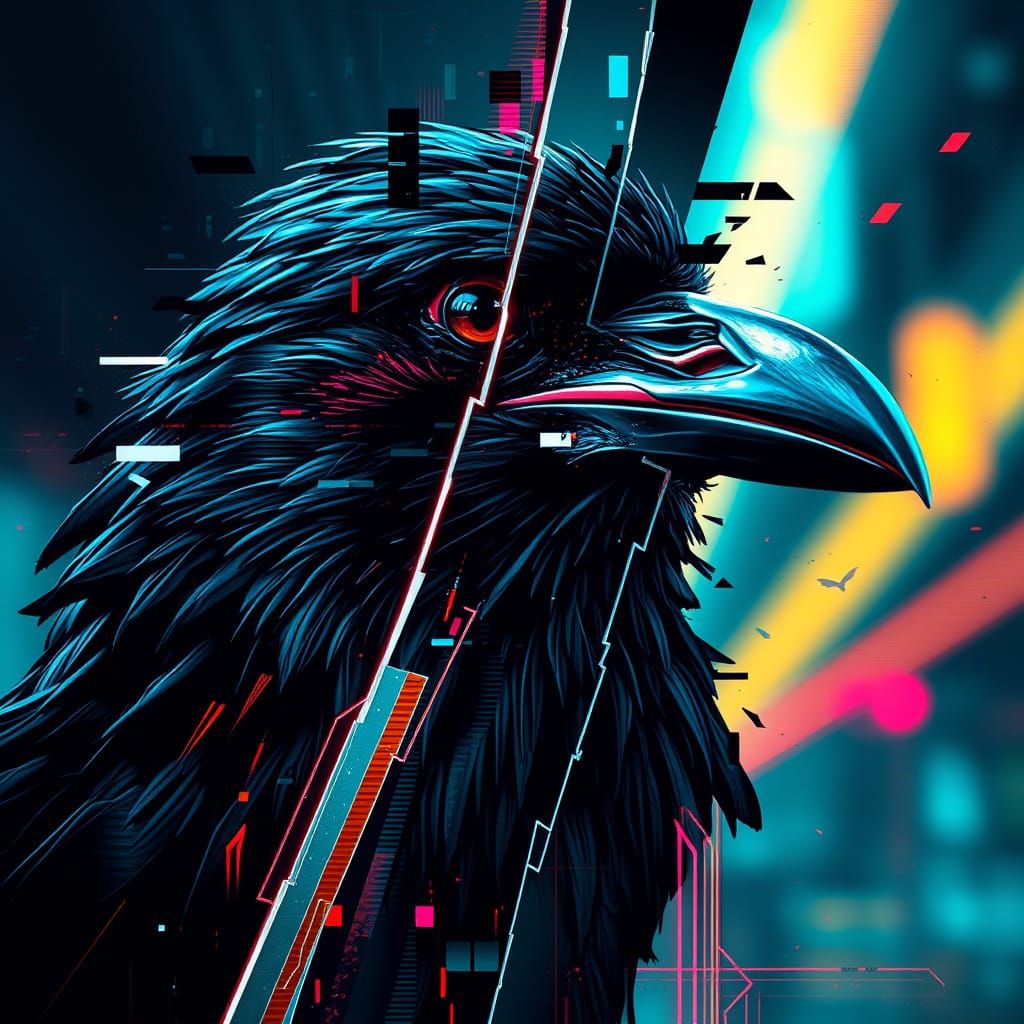 Cyberpunk Crow Portrait with Fragmentation Effect