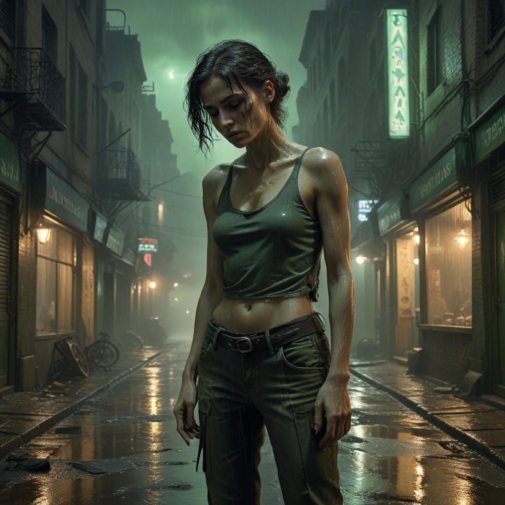 Baroque Dystopia: Rain-Lashed Industrial Street at Night