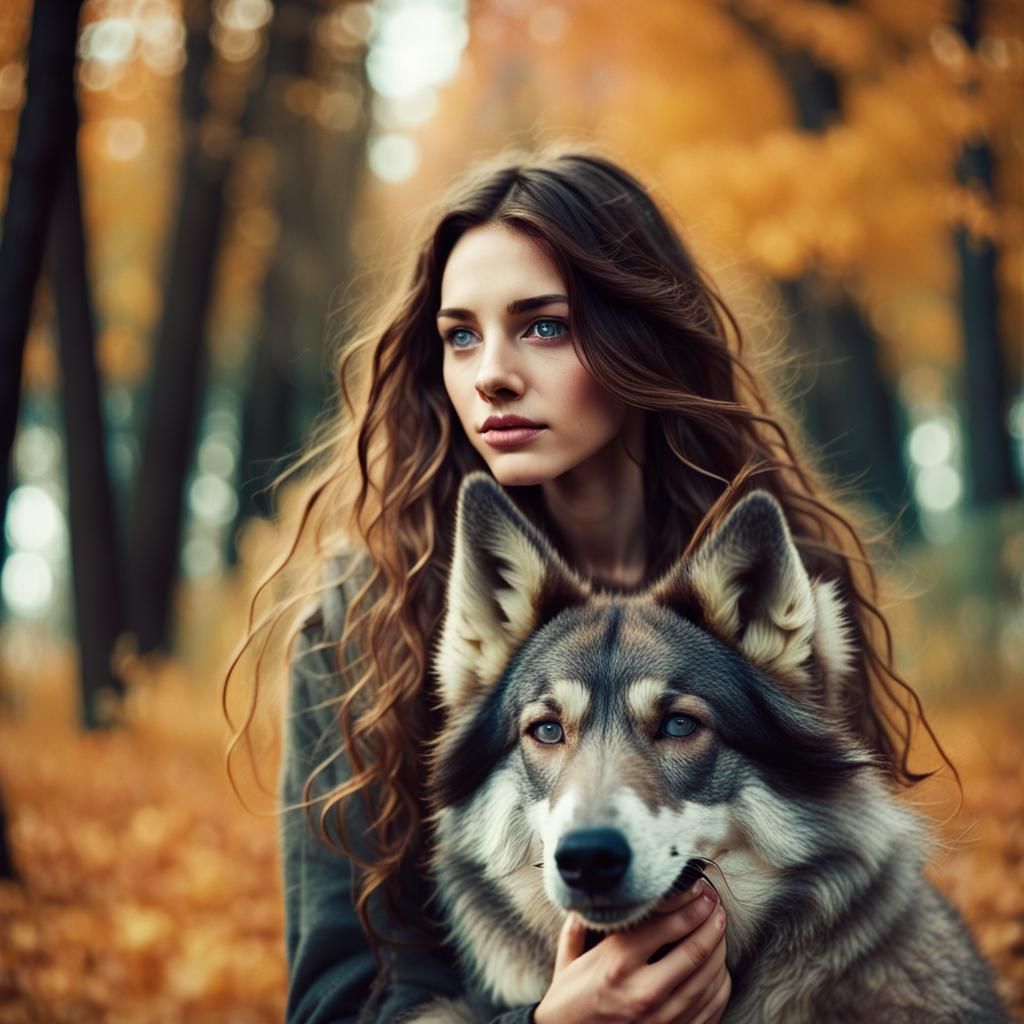 Girl with Wolfdog on Autumn Avenue