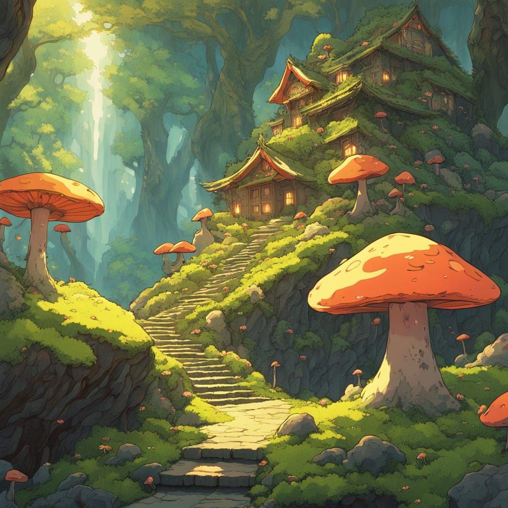 Japanese Girl in Whimsical Forest Grotto