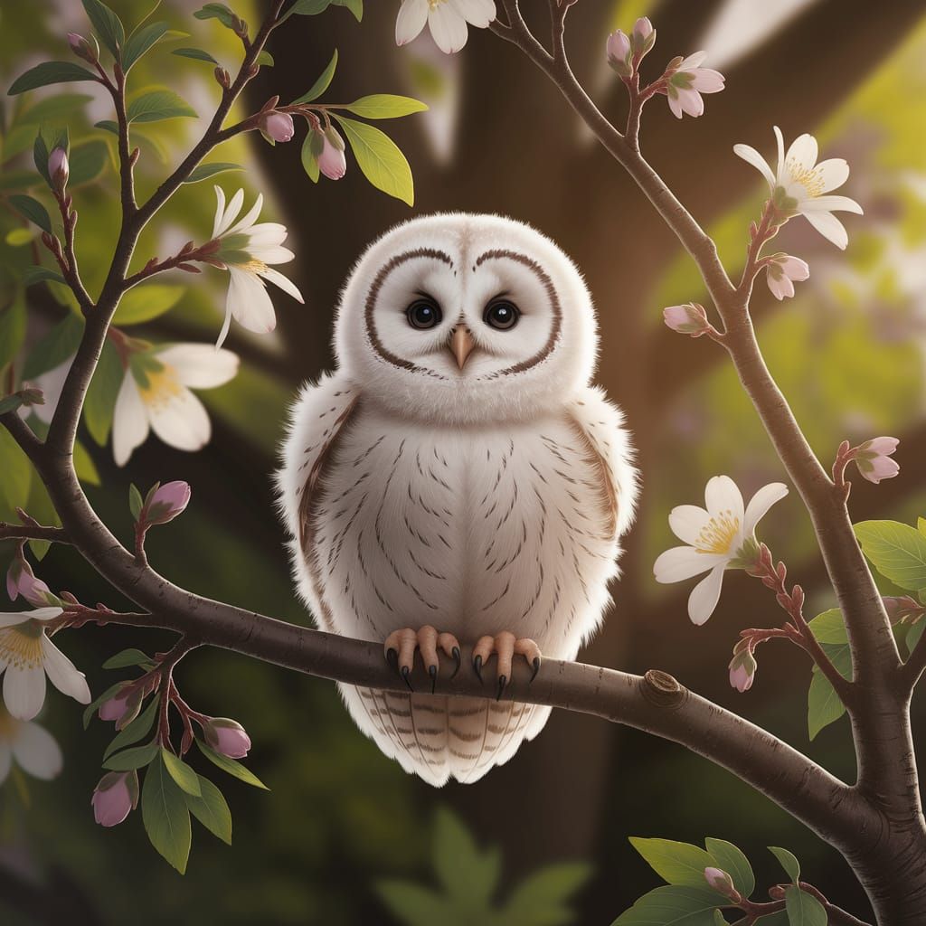 Charming White Baby Owl Perches on Tree Branch