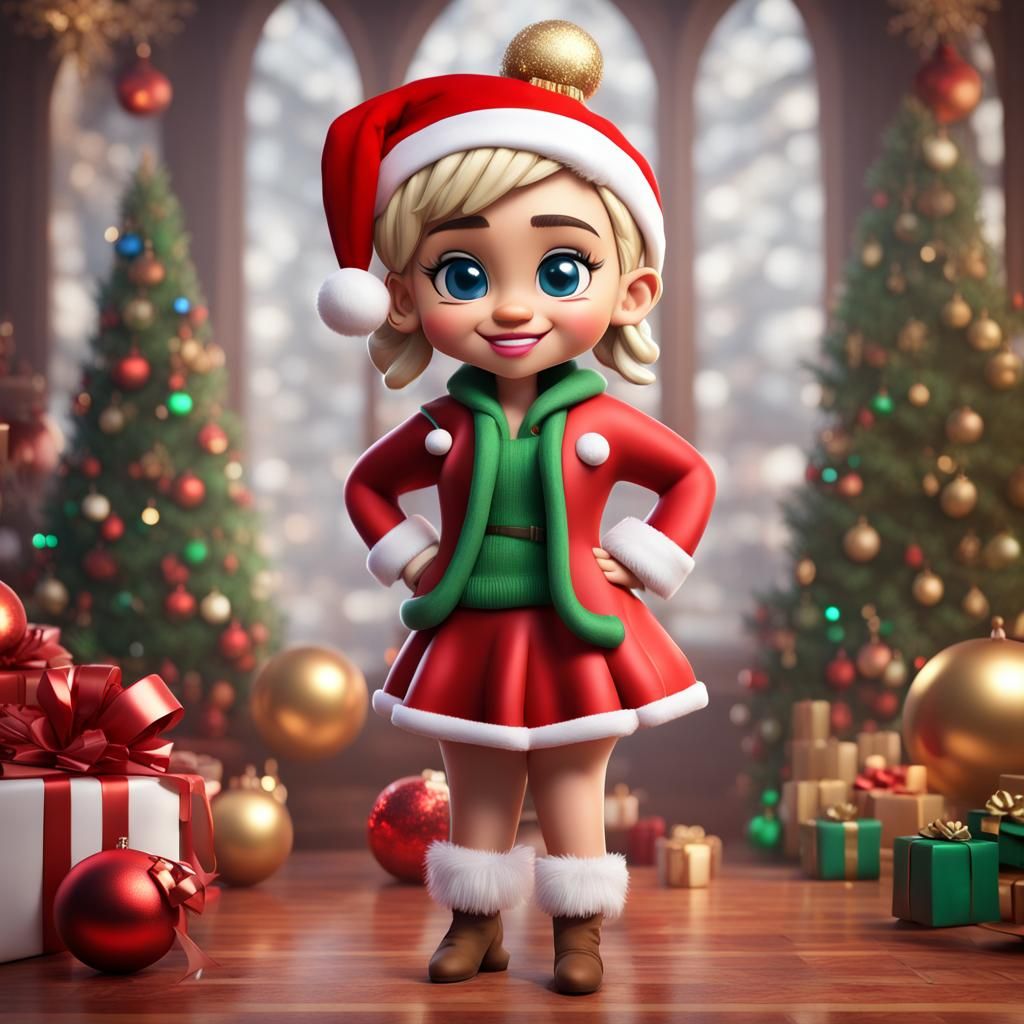 Hyperrealistic Christmas Chibi of Miley Cyrus as Disney Char...