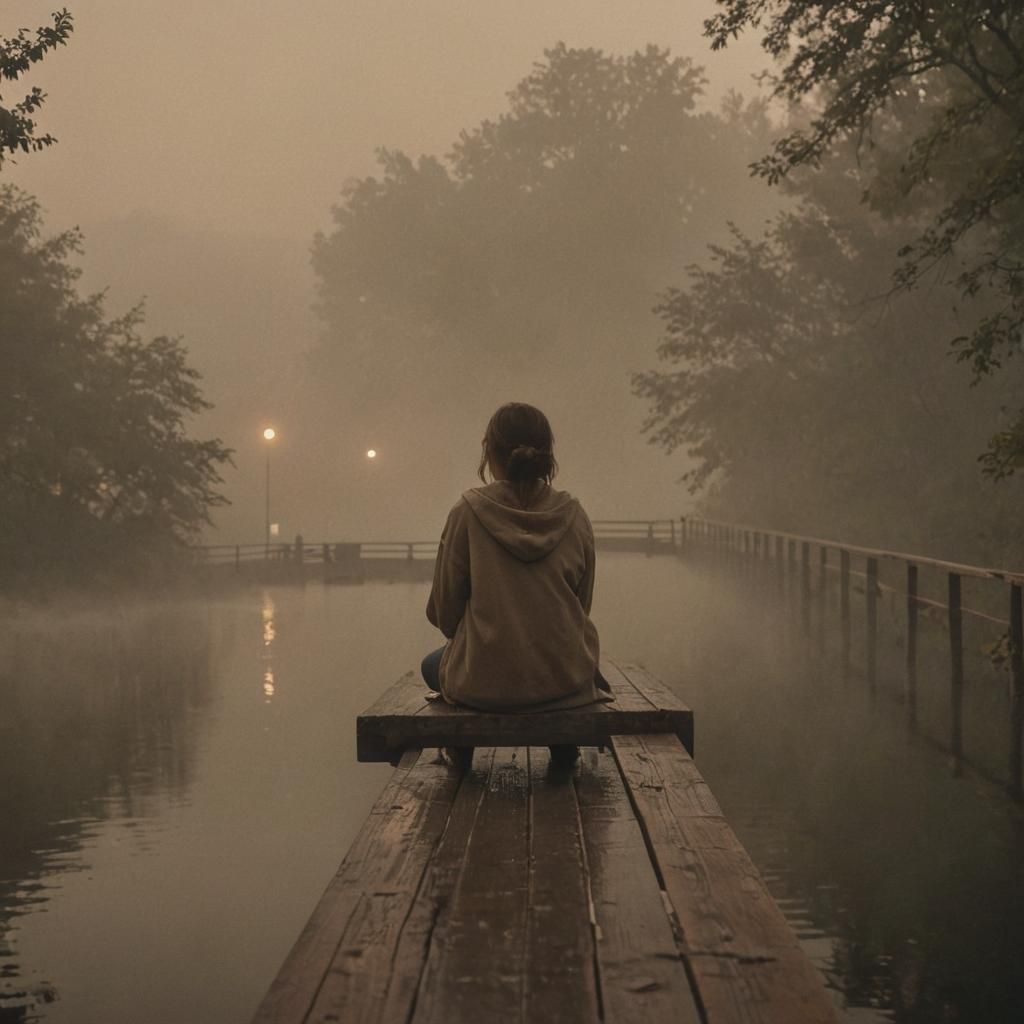 Contemplative Figure on Misty Bridge at Dusk