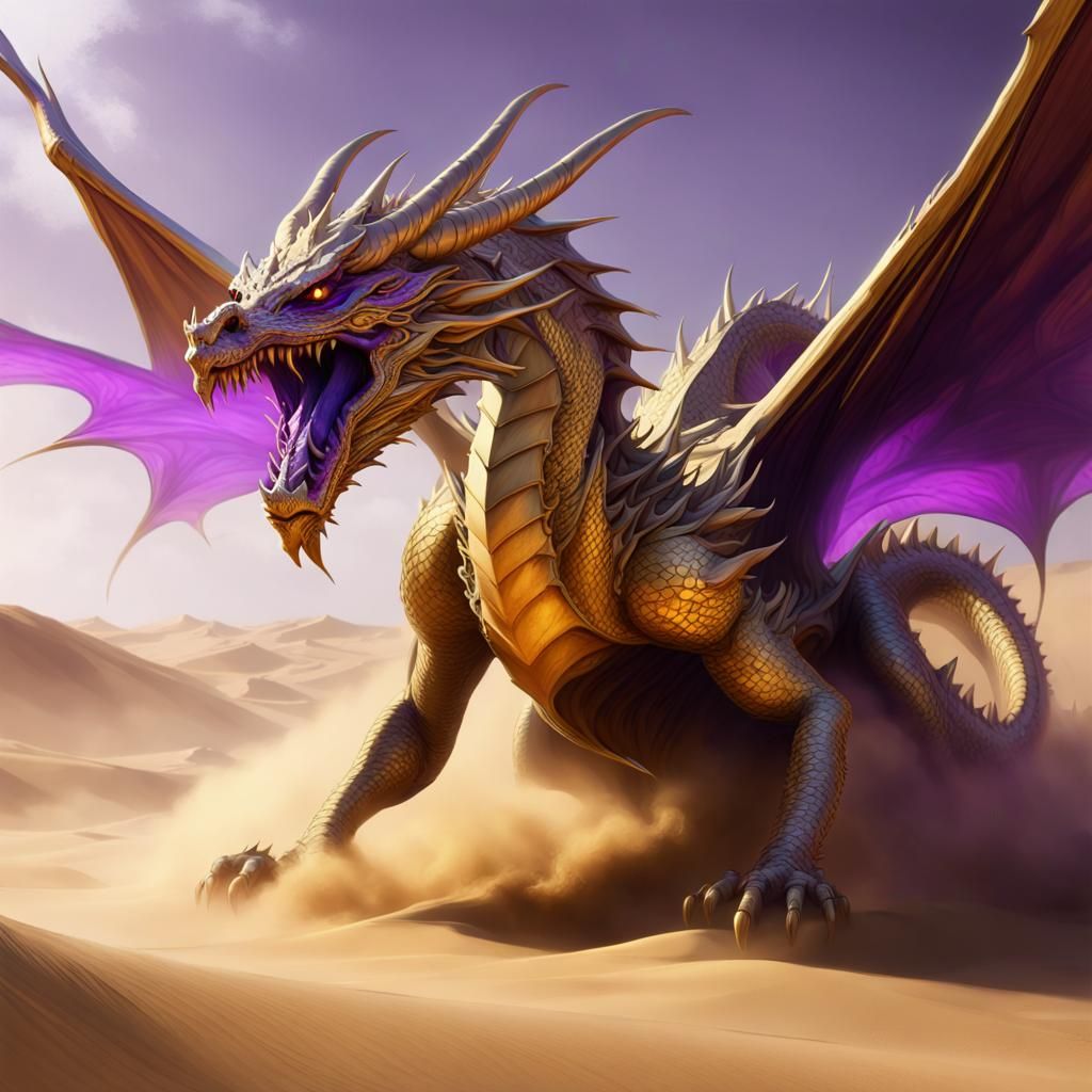 Metallic Gold Dragon Emerges from Sandstorm
