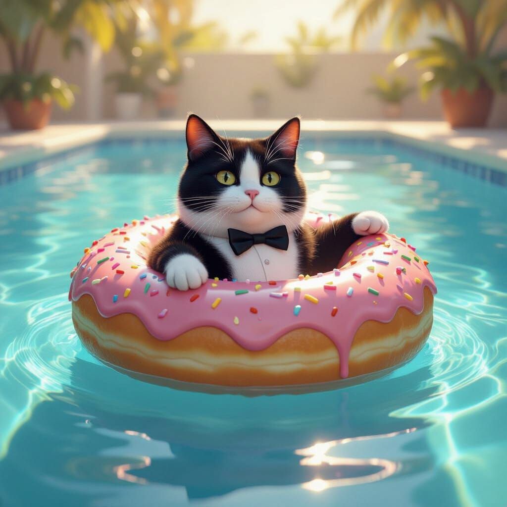 Tuxedo Cat's Donut Mishap: Hyperrealistic Digital Painting