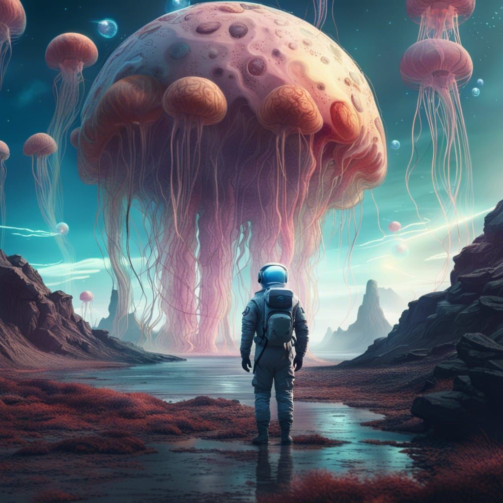 Astronaut on Alien Planet with Floating Jellyfish