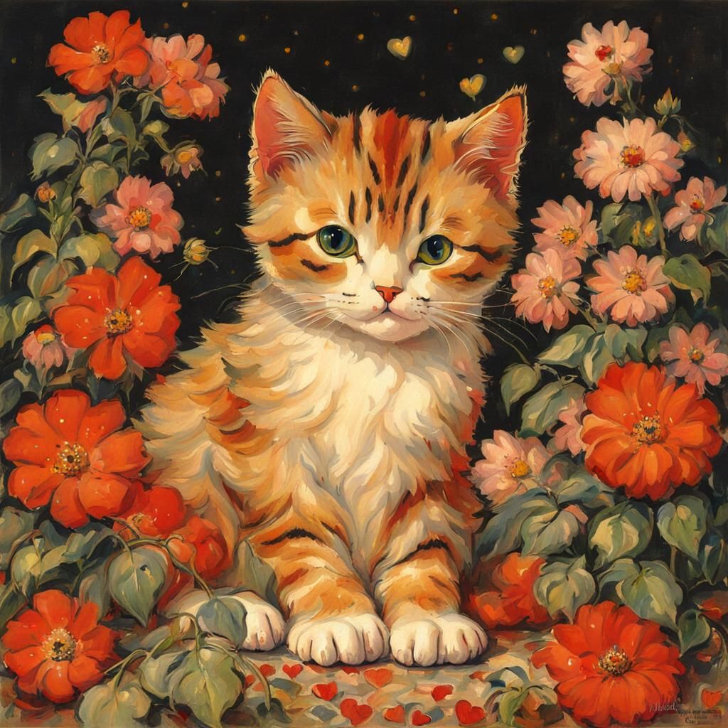 Cat Surrounded by Flowers in Modern Art Style