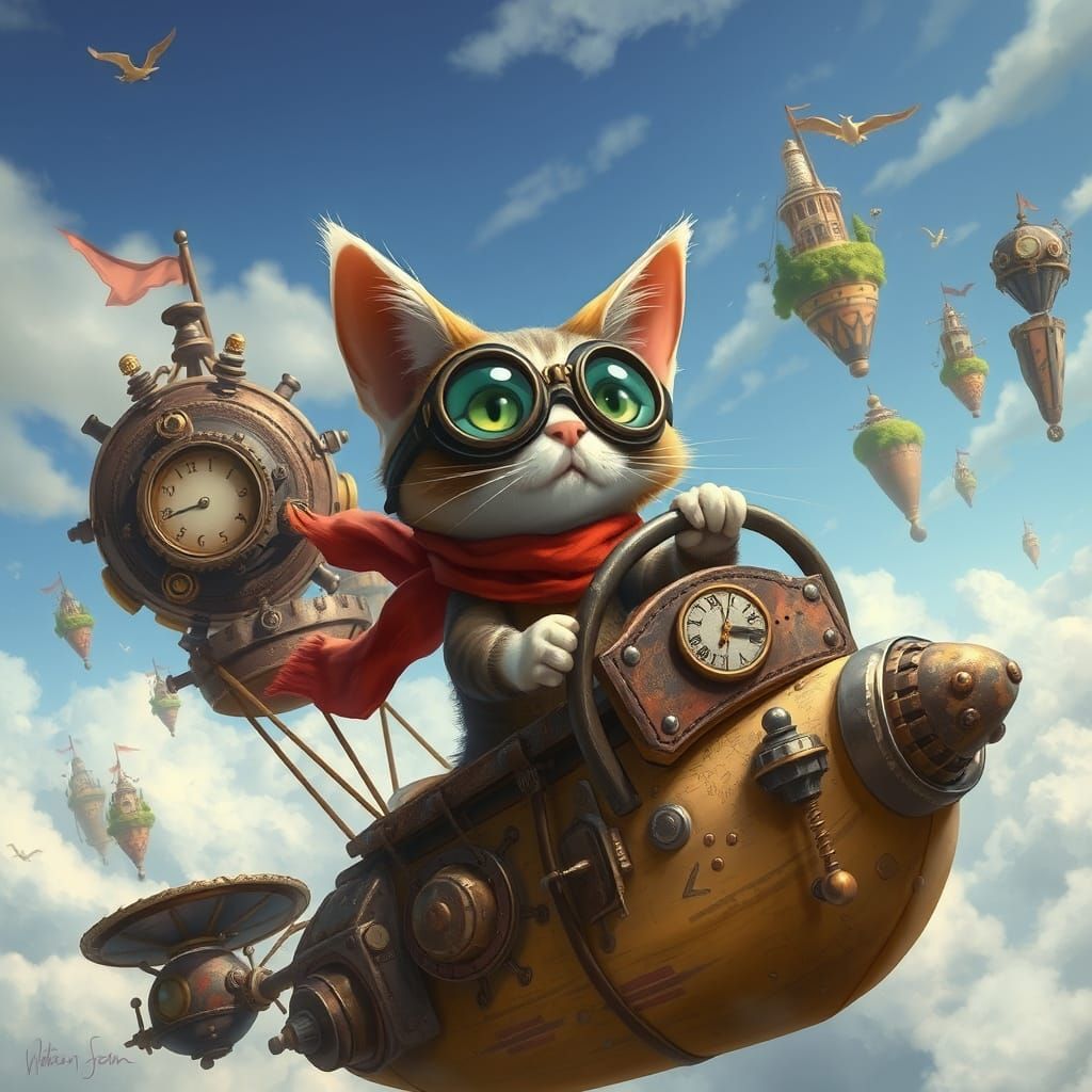 Steampunk Cat Pilots Airship Amidst Clockwork Skies