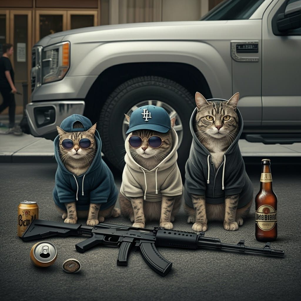 Gangster Cats Hanging Out in Front of a Pickup Truck