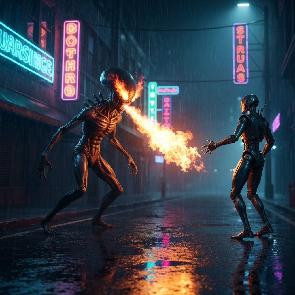 Fiery Alien Attacks Robot on Dark Neon Street