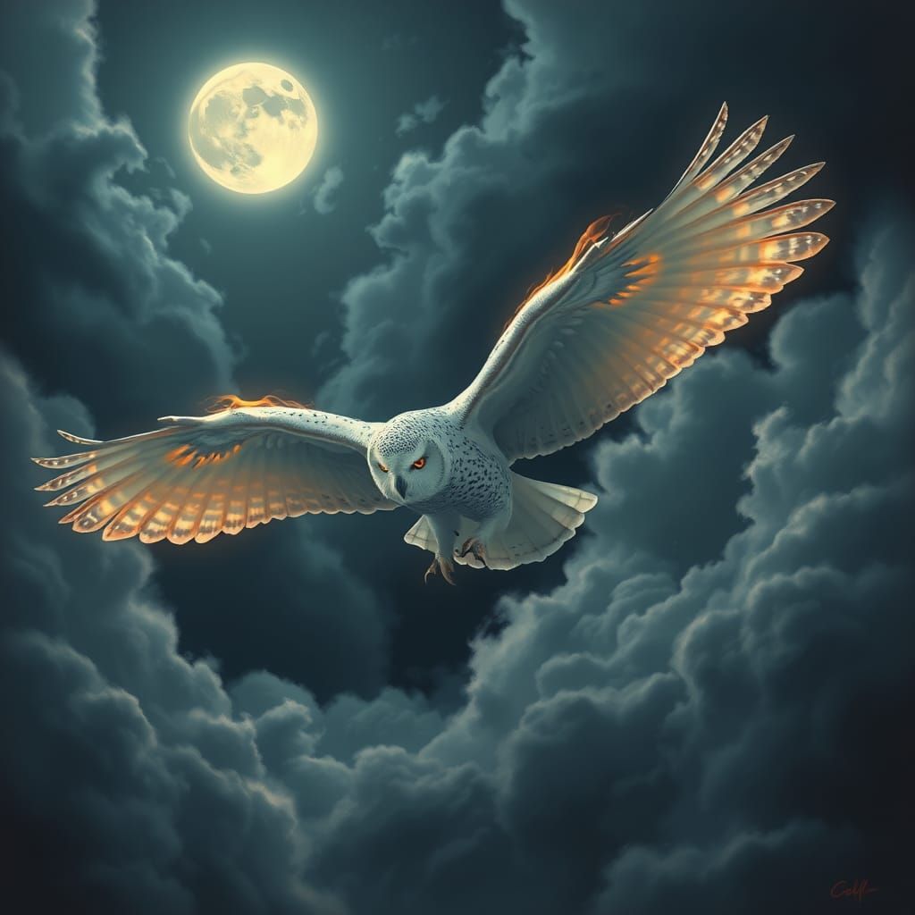 Fiery Snowy Owl in Flight: Cinematic Matte Painting