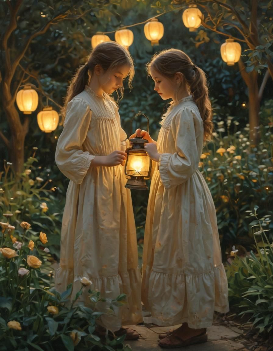 Girls with Lanterns in Garden as Impressionist Painting
