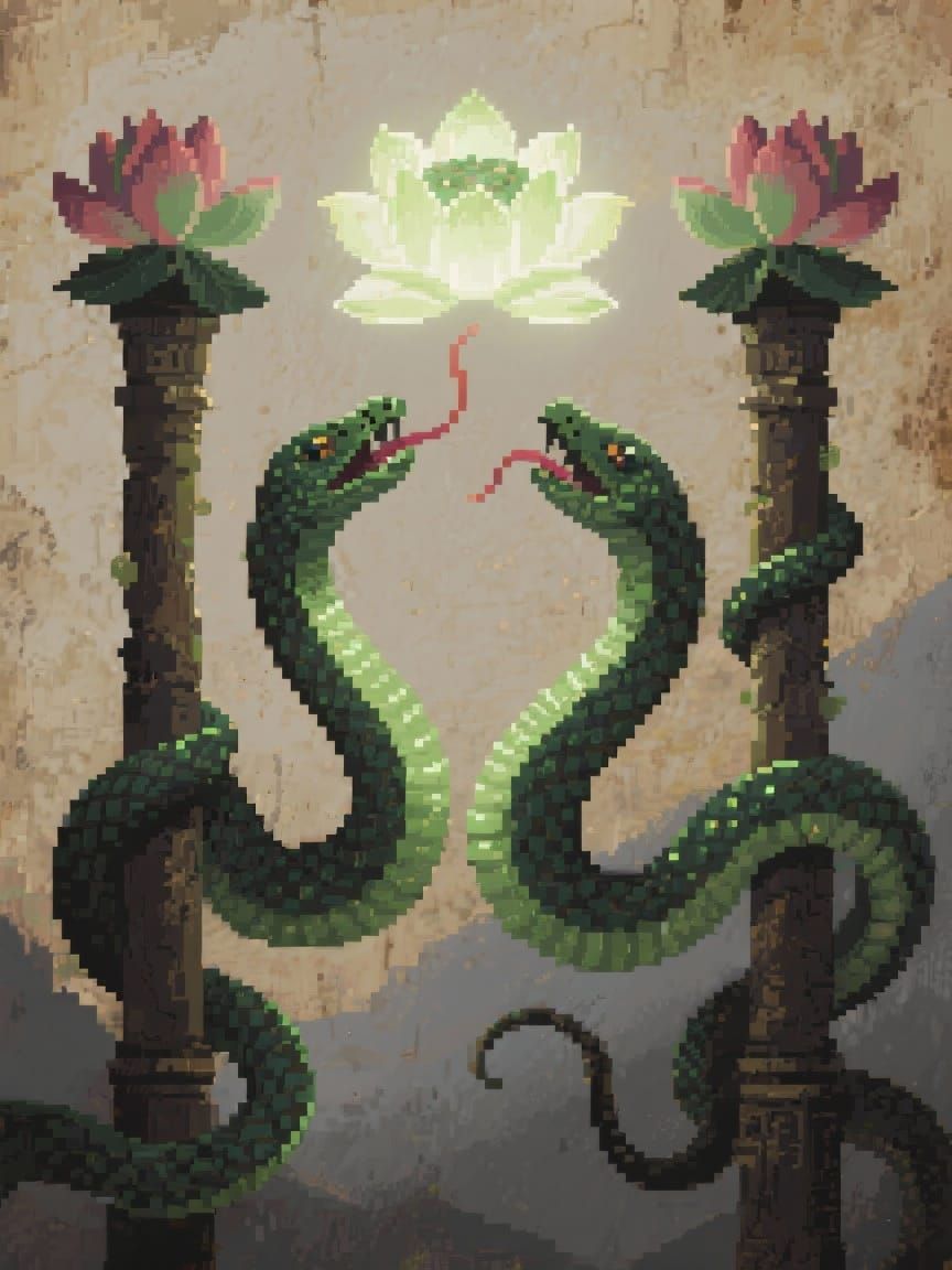 Mythical Serpents Ascend to Glowing Lotus in Pixel Art