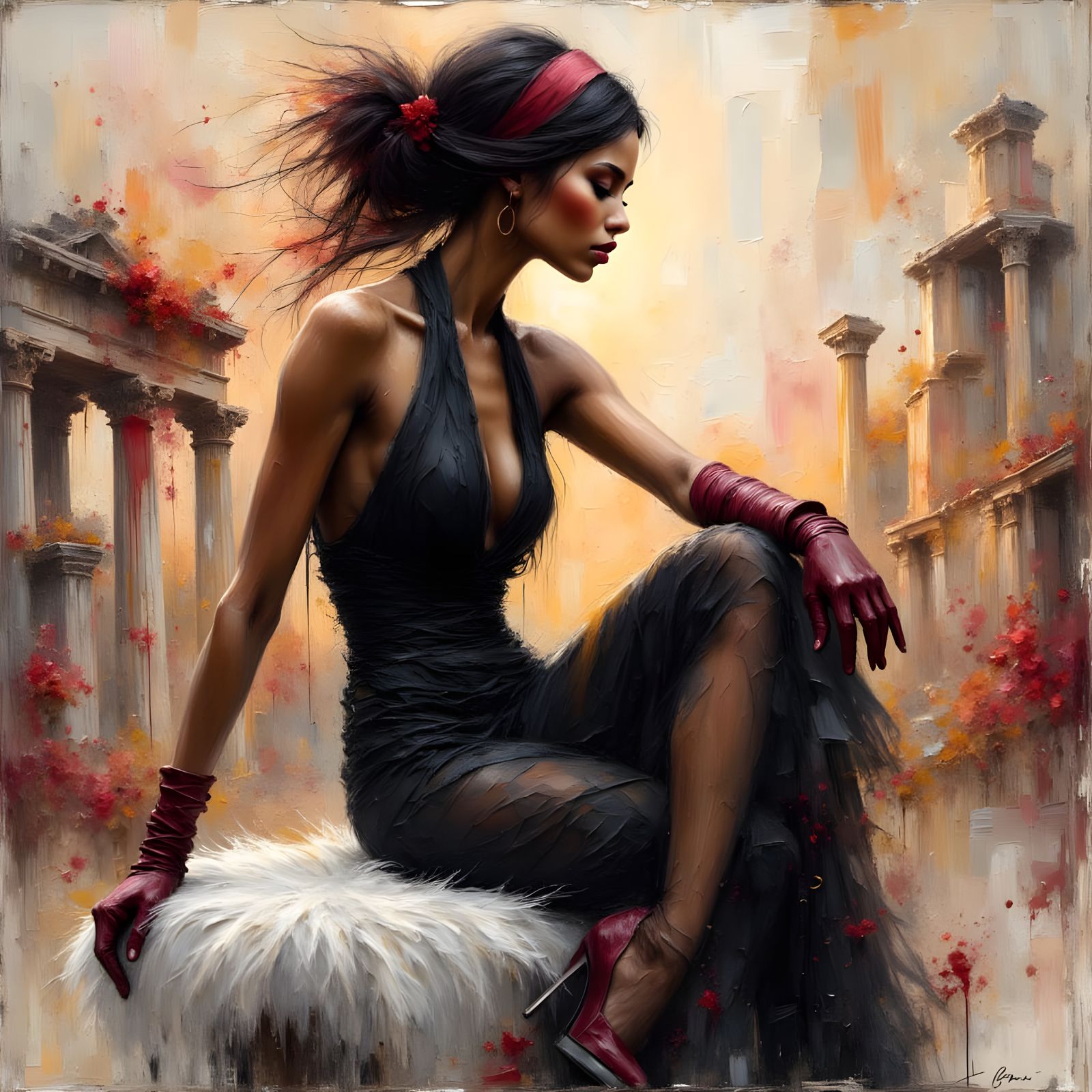 Elegant Black Lady in Latex Against Ancient City