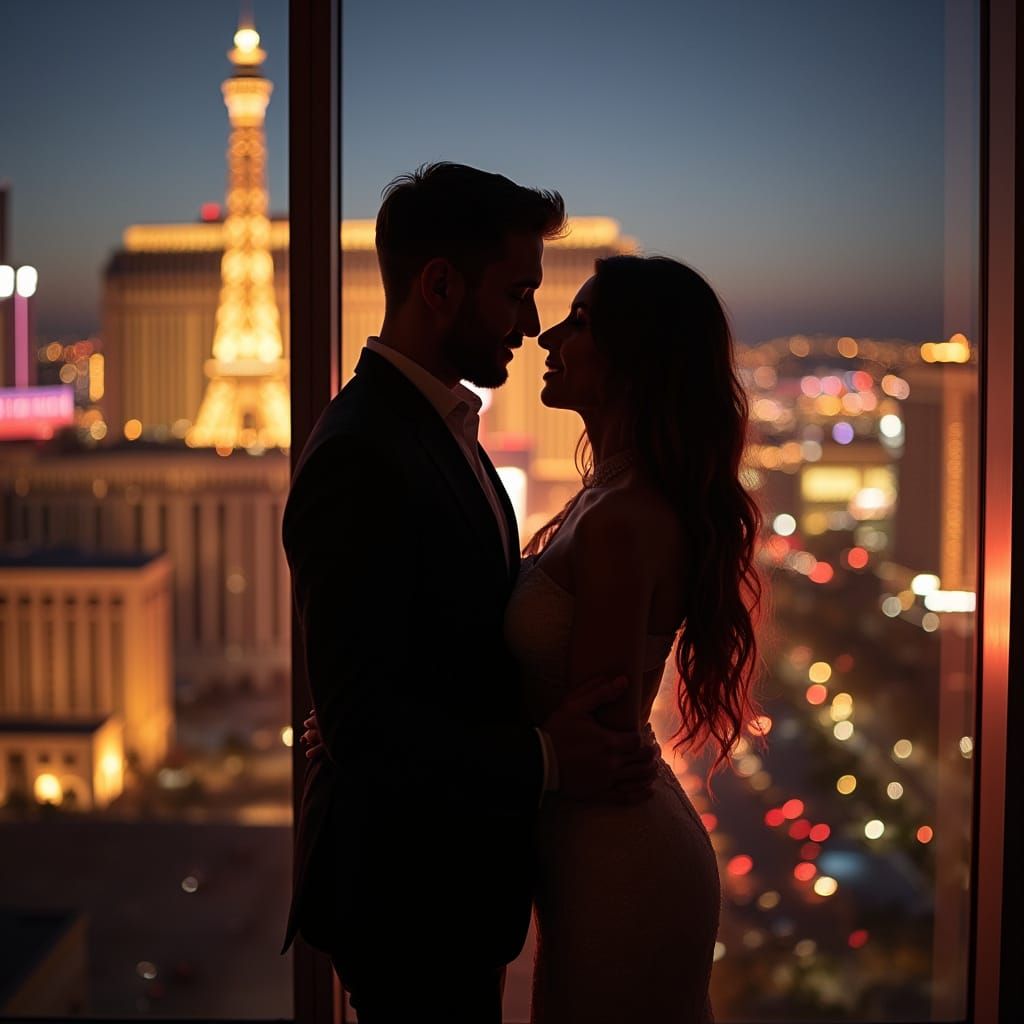 Romantic Couple Embrace with Las Vegas View