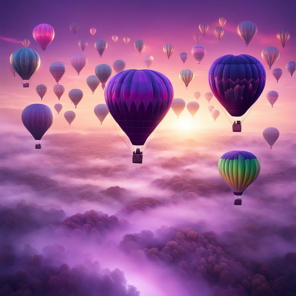 Glittering Hot Air Balloons Ascend into Purple Sky