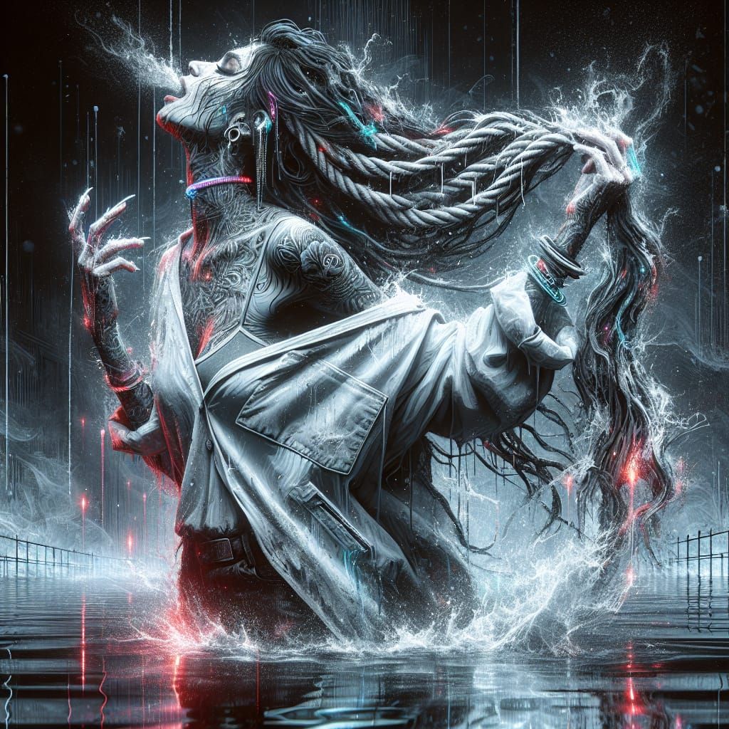 Hispanic Woman in Fantasy Cityscape with Neon Jewelry