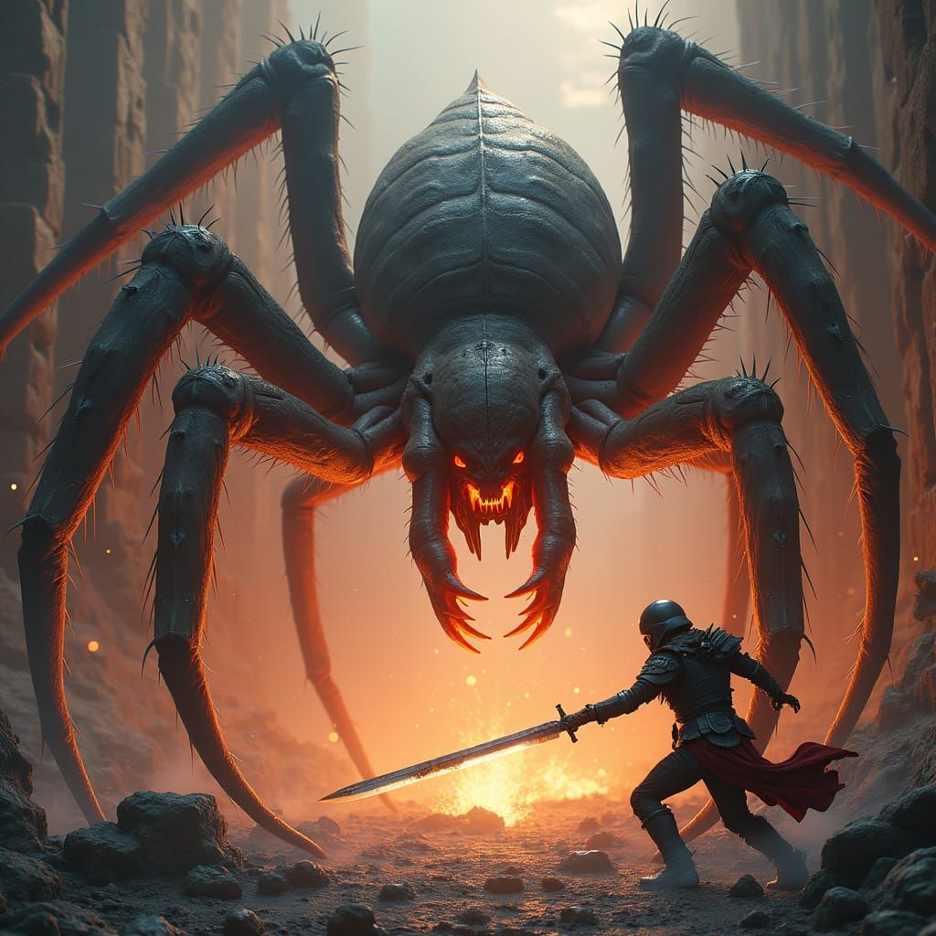 Heroic Warrior vs. Giant Spider in Fantasy Ruins
