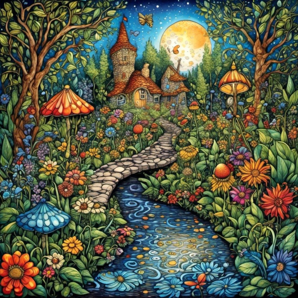 Mystical Zentangle Garden Under the Moon