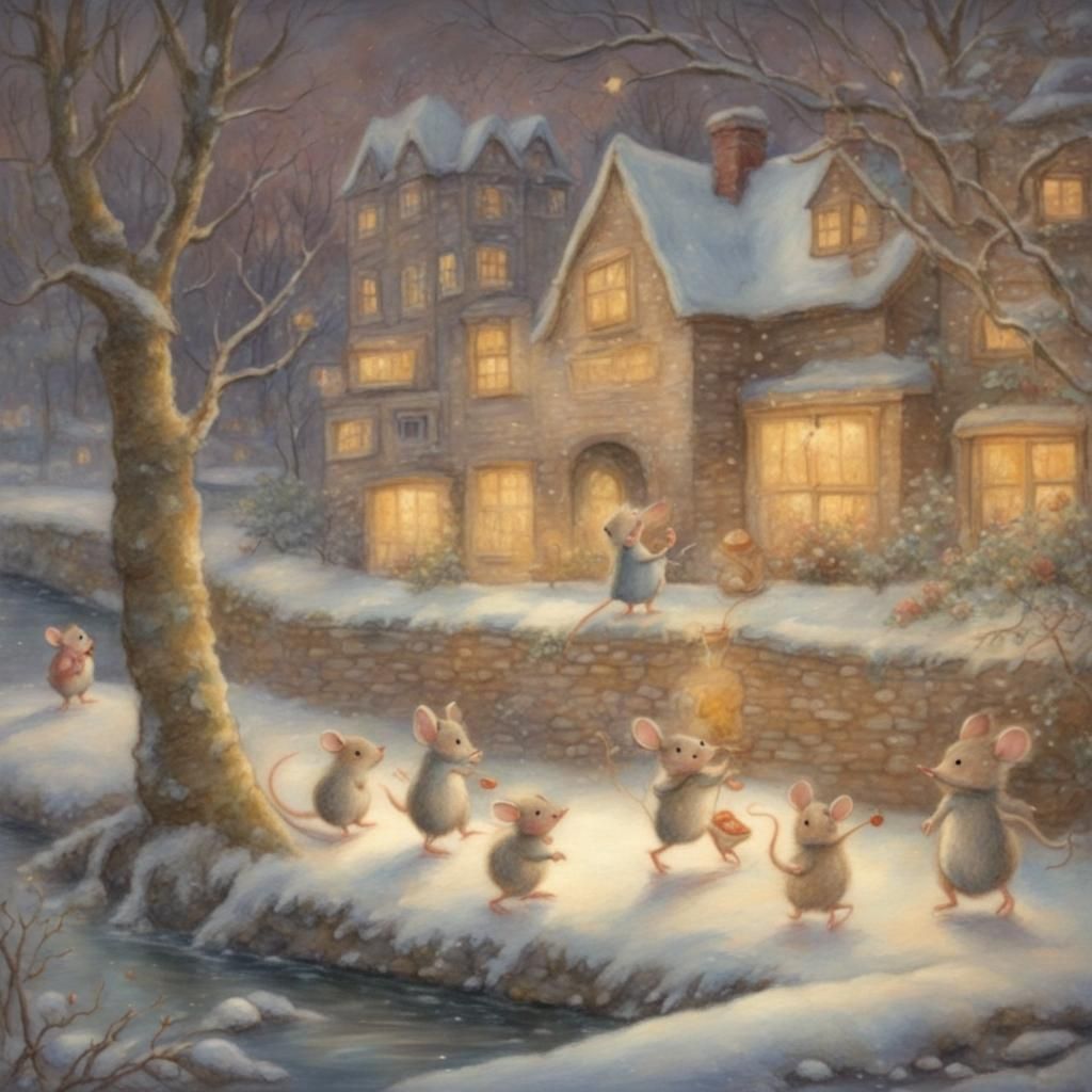 Mice Ice Skating on a Winter Riverbank