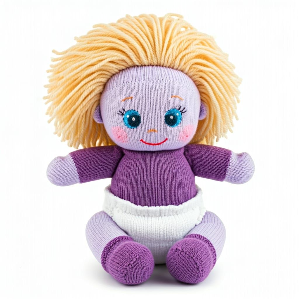 Whimsical Sock Doll with Blonde Hair and Purple Shirt