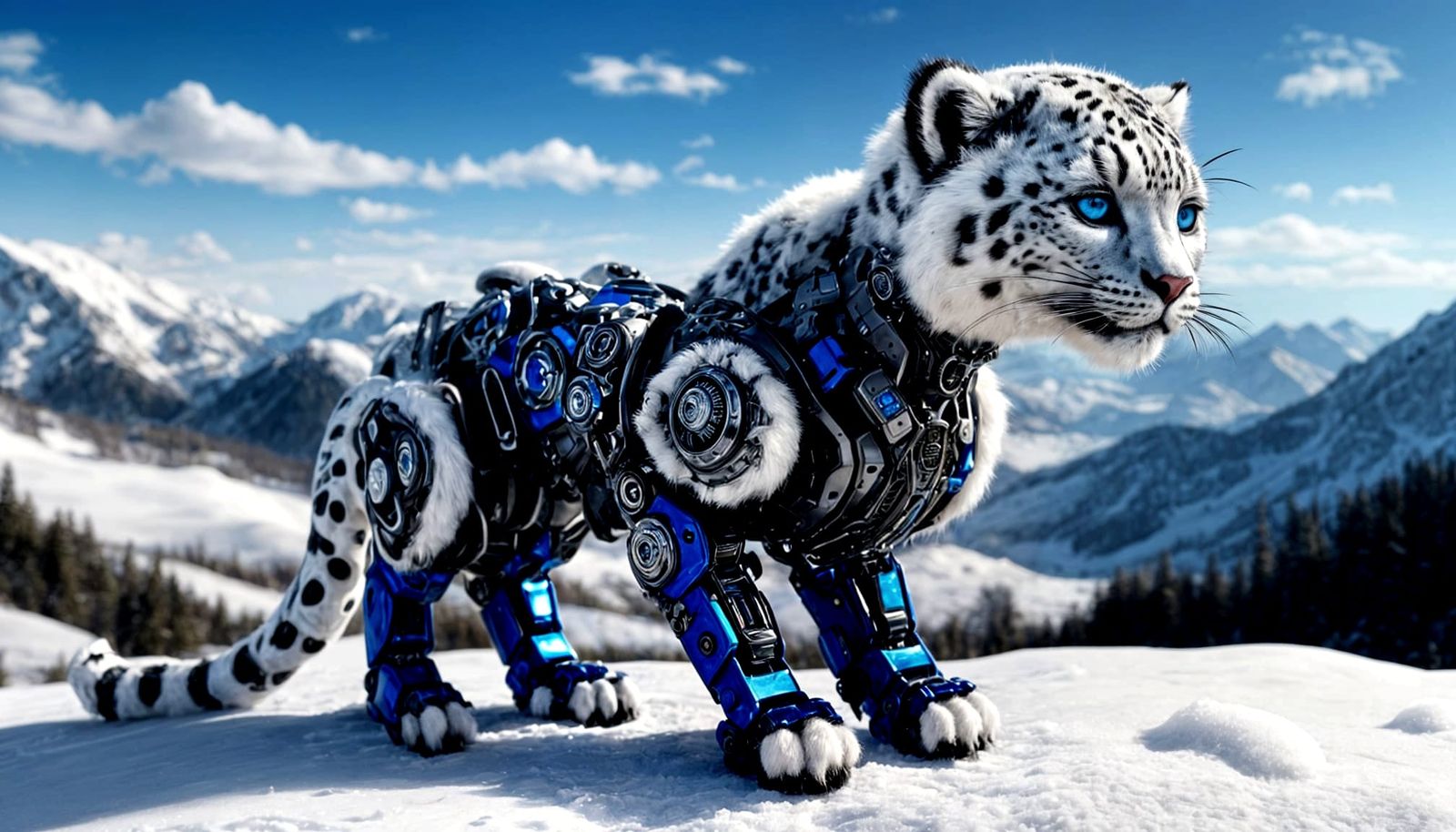Photorealistic Snow Leopard Cyborg in Snowy Mountains