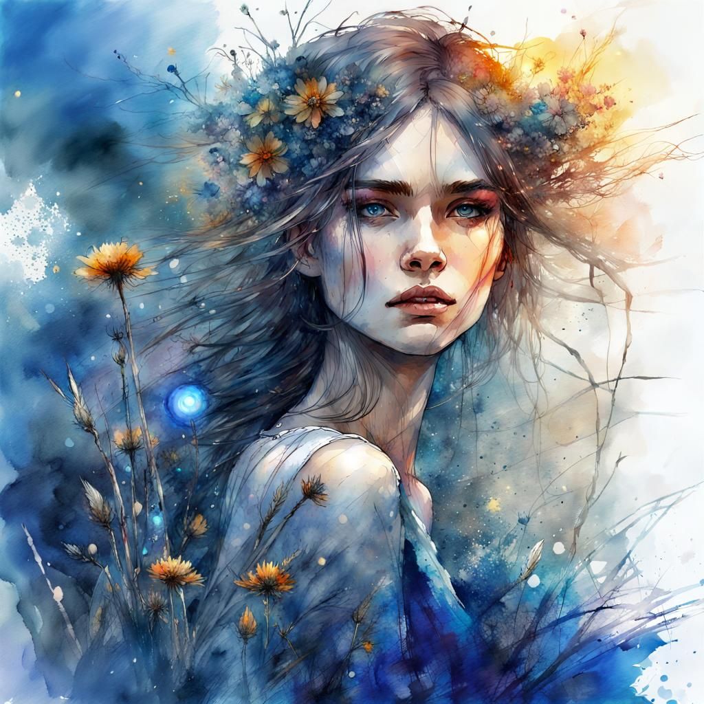 Sapphire Witch Woman in Watercolor Art