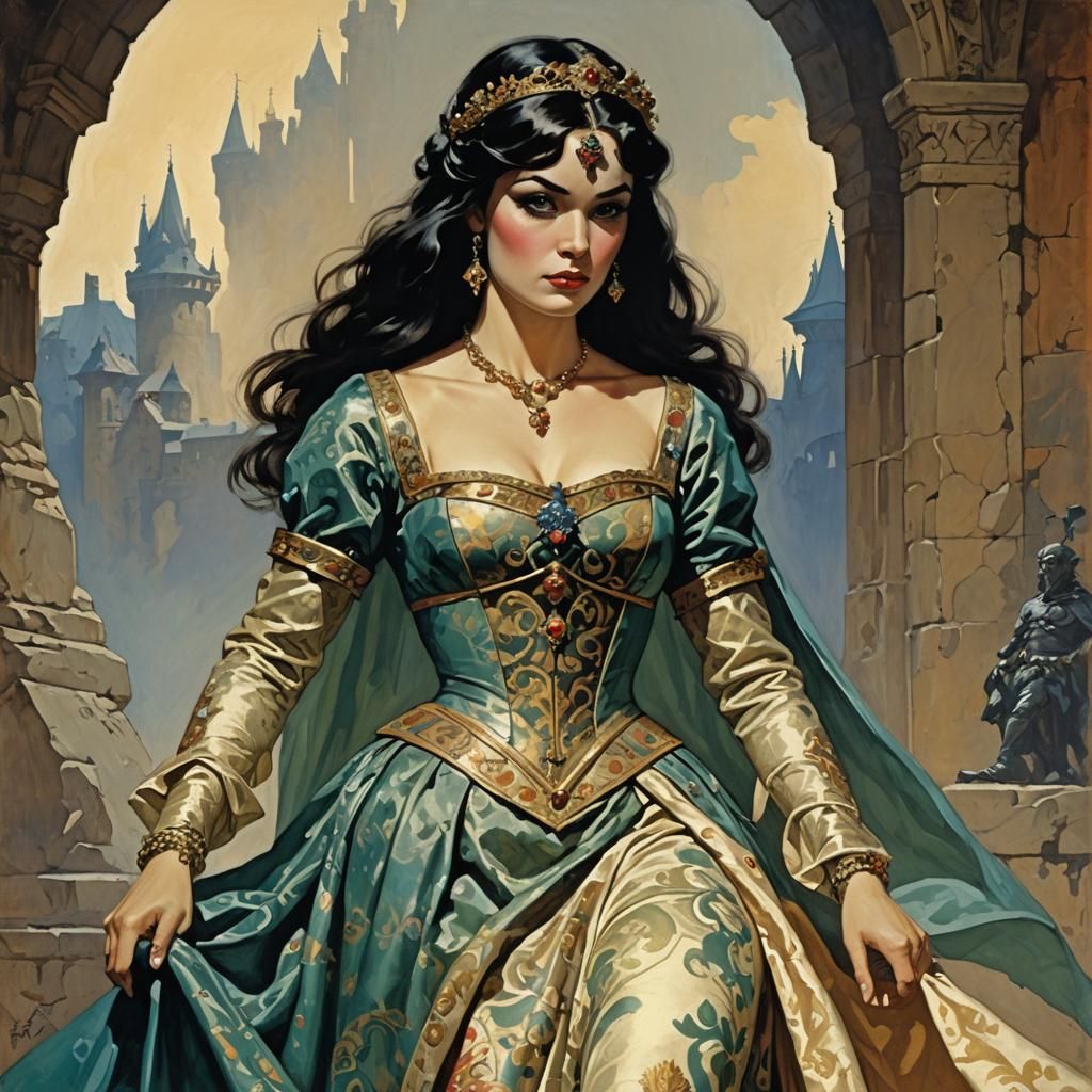Medieval Princess in Silk Brocade Dress as Pulp Art
