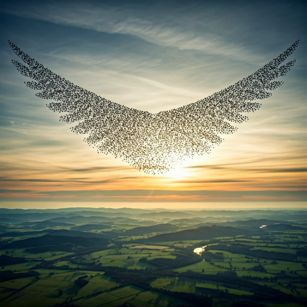 Birds Form Wing Shape in Golden Light