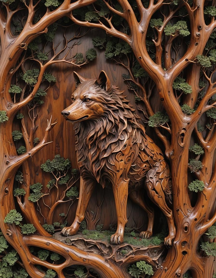 Ancient Redwood Wolf Carving in Surrealist Style