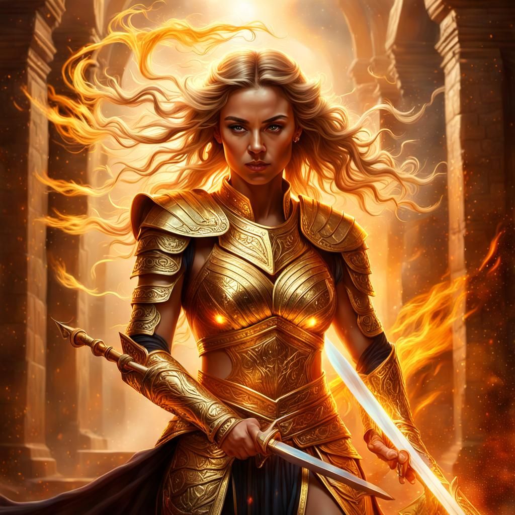 Golden Warrior Woman Sweeping Sword in Dramatic Light