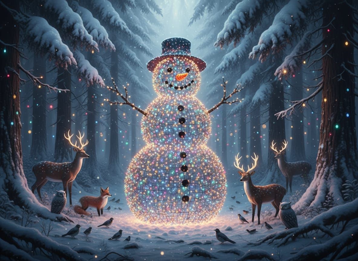 Glowing Light Snowman in Enchanted Forest with Animals