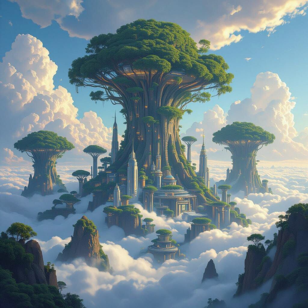 Sky City on Giant Fused Trees: Futuristic Nature Design