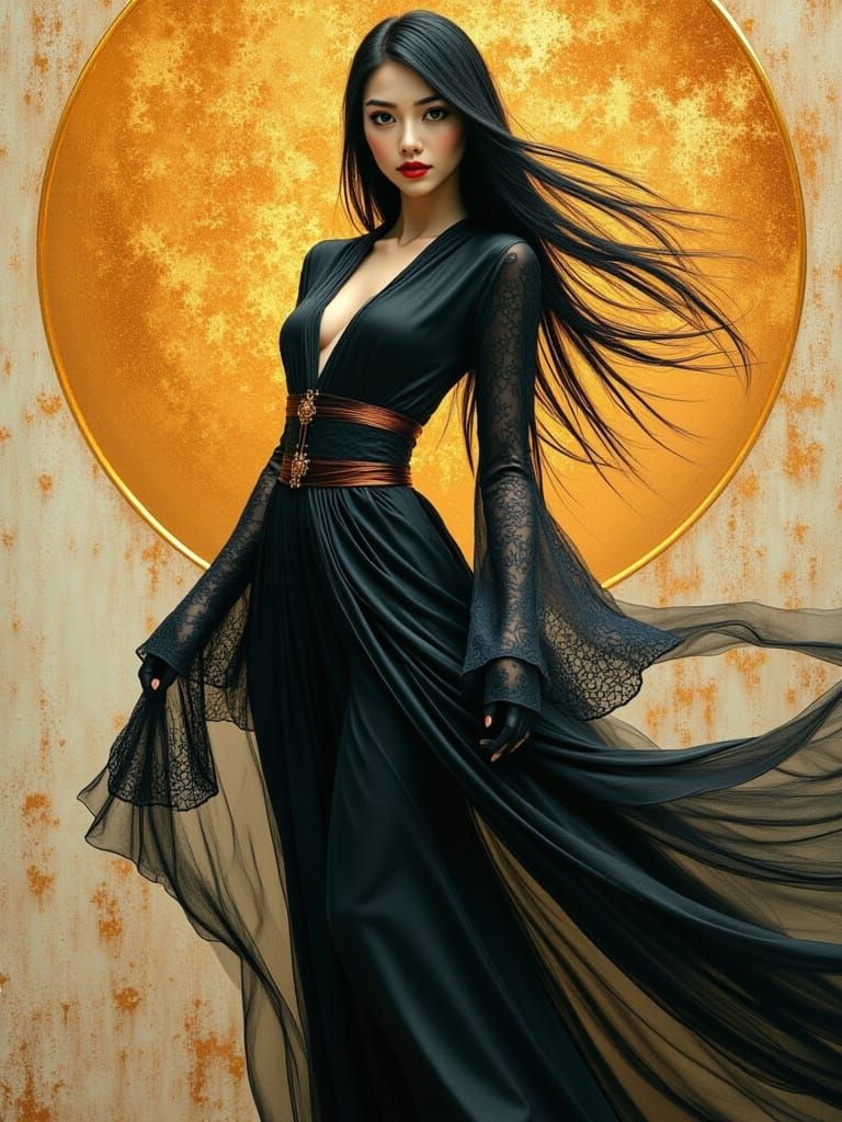 Enchanting Pin-Up Woman in Metallic Amber Paint