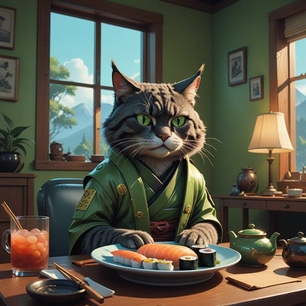 Hanzo wearing style , cat, pixar, 3d objects . Cozy room, ea...