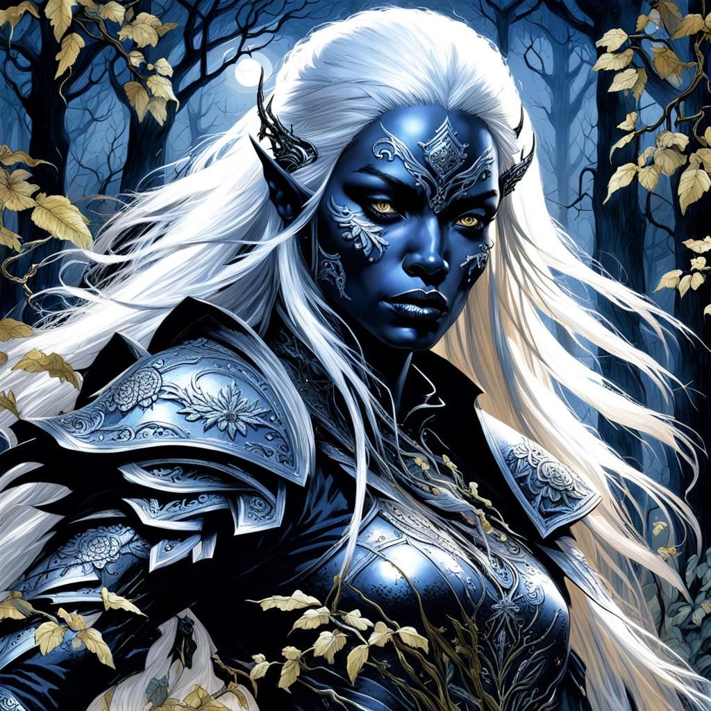 Drow Warrior in Moonlit Forest, Digital Baroque Style