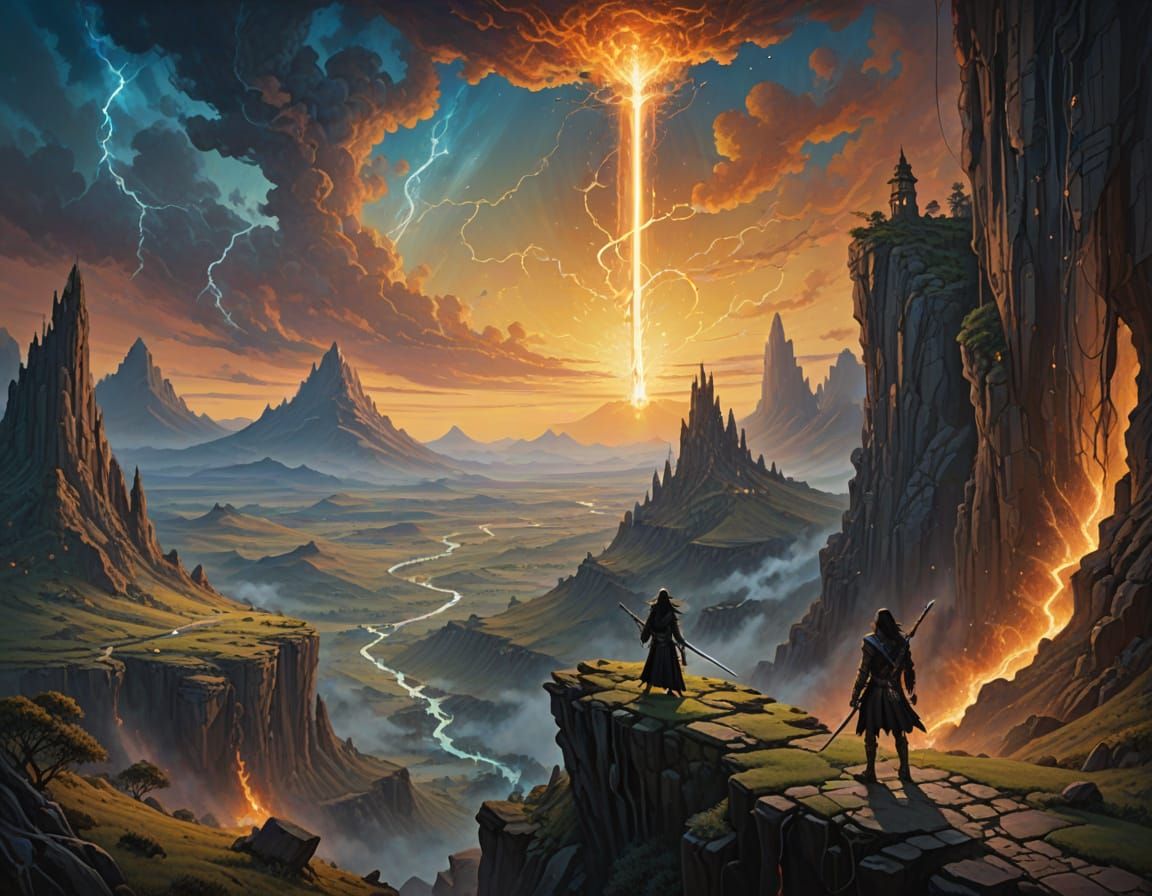 Elf Warrior with Magic Sword in Fantasy Landscape Oil Painti...