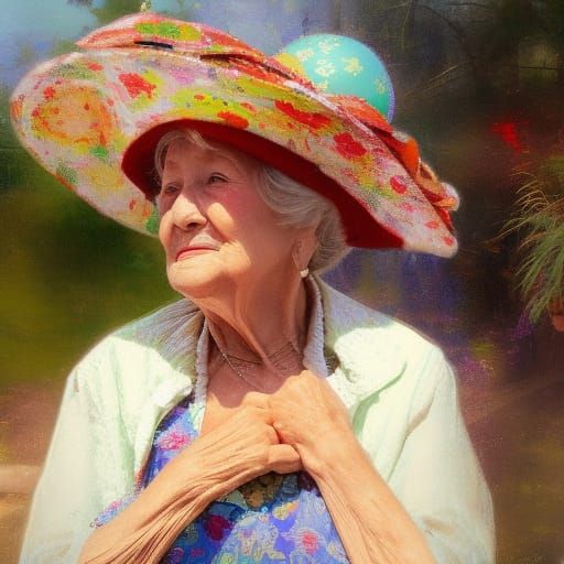 Ornate Easter Hat on a Grandma, Soft Matte Painting