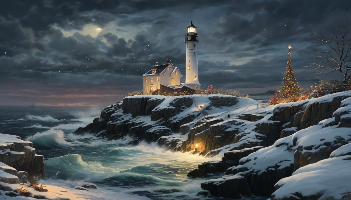 Festive Lighthouse Radiates Holiday Cheer on Rocky Coast