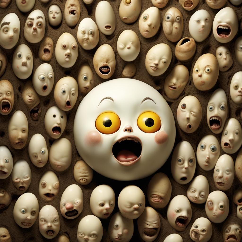 Surreal Anthropomorphic Fried Eggs in Ceramic Style