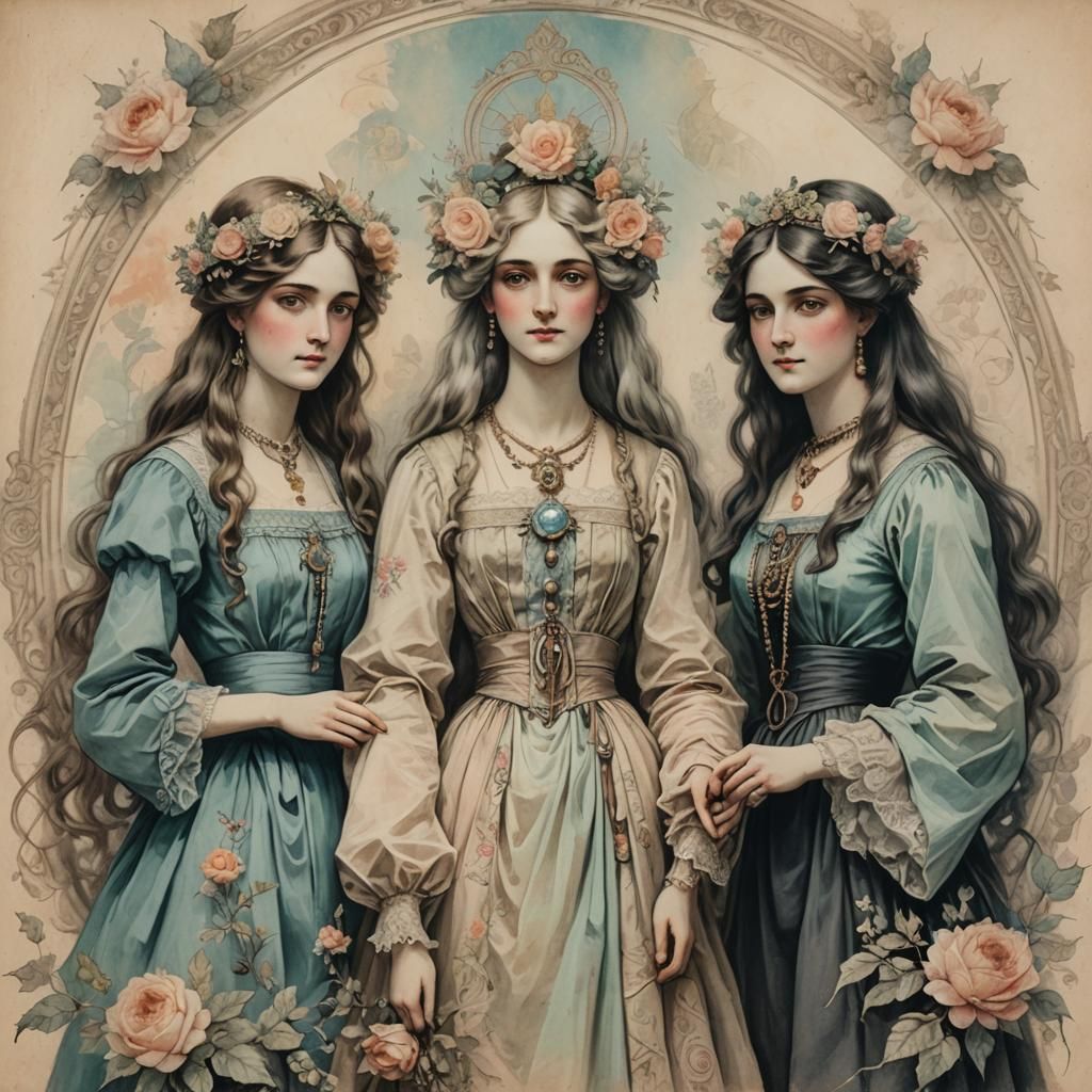 Victorian Cottagecore Goddesses in Pastel Drawing