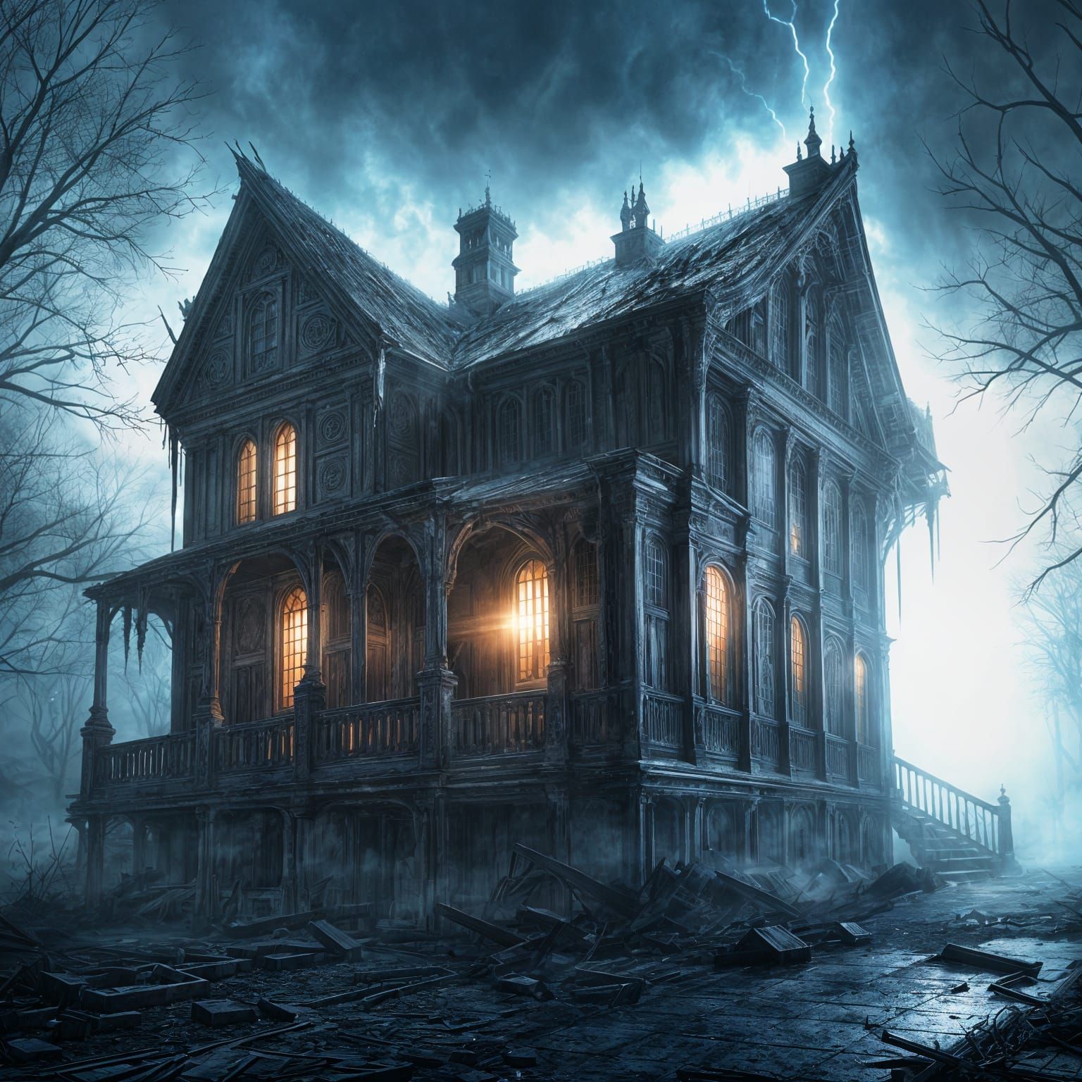 Eerie Haunted House Shrouded in Pale Mist